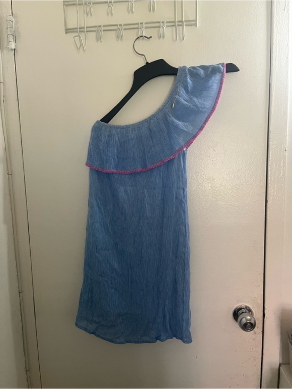 Lilly Pulitzer Light Blue One-Shoulder Ruffled Top with Pink Trim